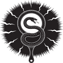 A black and white illustration of a snake coiled in a mirror with a burst around the edge of the circle