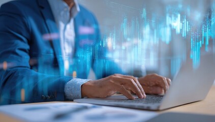 Businessman working on laptop with financial data overlay