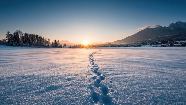 Winter sunrise, snow-covered field, footprints leading to distant mountains - Powered by Adobe