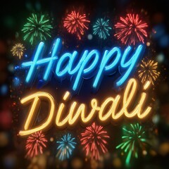 Happy Diwali Wishes: A vibrant neon sign, adorned with festive fireworks, conveys the celebratory spirit of Diwali. Bursting with joy and color, it's a visual representation of the festival's joy.