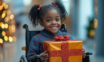 Happy Black disabled child in a wheelchair holding a wrapped Christmas present on Christmas Day. Smiling African girl with a disability. Christmas celebration in a hospital setting, Generative AI