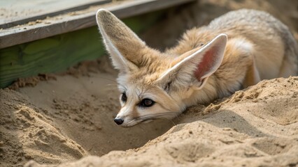 Fennec Fox Hides in Soft Sand with Large Ears at Desert Habitat