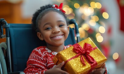 Happy Black disabled child in a wheelchair holding a wrapped Christmas present on Christmas Day. Smiling African girl with a disability. Christmas celebration in a hospital setting, Generative AI