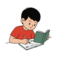 Cute cartoon illustration of a diligent young boy in a red shirt studying writing in a notebook and reading a green book.