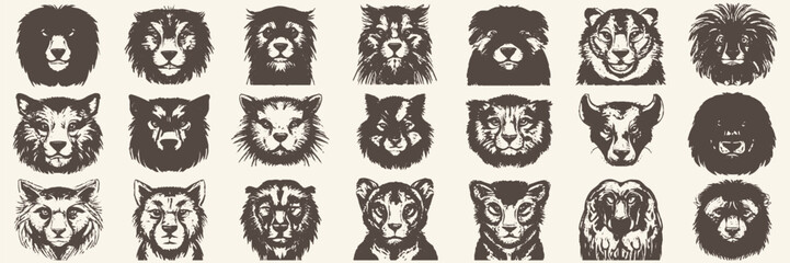 Grid set of sepia toned animal faces including lions, bears, and wolves. Each face uniquely detailed, conveying varied expressions and textures.