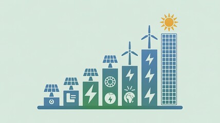 Obraz premium Rising Energy: An illustrative depiction showcases a vibrant progression of renewable energy sources, rising towards the sun and symbolizing the future. 