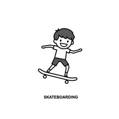 Happy cartoon boy in shorts and tshirt balancing on a skateboard black and white line art style.