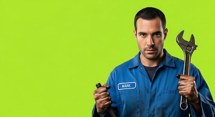 A male mechanic in blue overalls, holding tools, looking directly at the viewer against a vibrant green background.