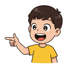 Happy cartoon boy with brown hair and big eyes wearing a yellow tshirt and pointing his finger to the left with an excited expression.