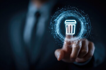 Business hand interacting with digital trash icon