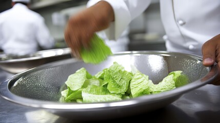 Culinary preparation chefs chopping fresh lettuce in a busy kitchen cooking process professional environment close-up view for food enthusiasts