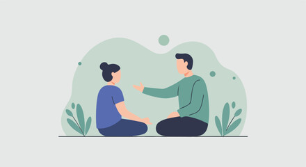 Man counseling woman, both are cross-legged sitting. Abstract foliage backdrop
