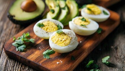 Halved hard-boiled eggs, avocado slices, and fresh parsley on a wooden board