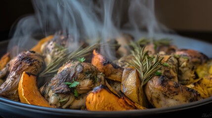 Grilled chicken and vegetables kitchen food photography cozy environment close-up culinary art