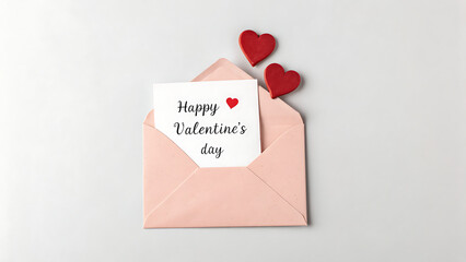 A pink envelope with a happy valentines day card and two red hearts is displayed on a white background, symbolizing love and affection for a romantic celebration