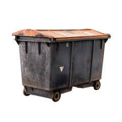 Rusty dumpster with a weathered exterior, set against an urban backdrop, highlighting waste management