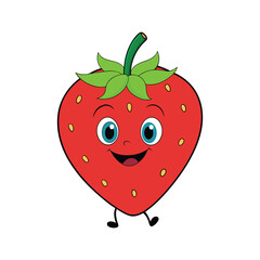 Cute Strawberry Cartoon Illustration, Happy Strawberry Character Drawing