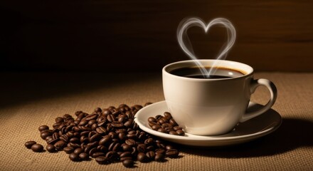 Steaming Coffee Cup with Heart-Shaped Vapor and Coffee Beans on Burlap