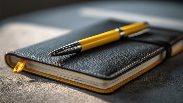 Close-up of a dark gray leather notebook with a bright yellow pen resting on it