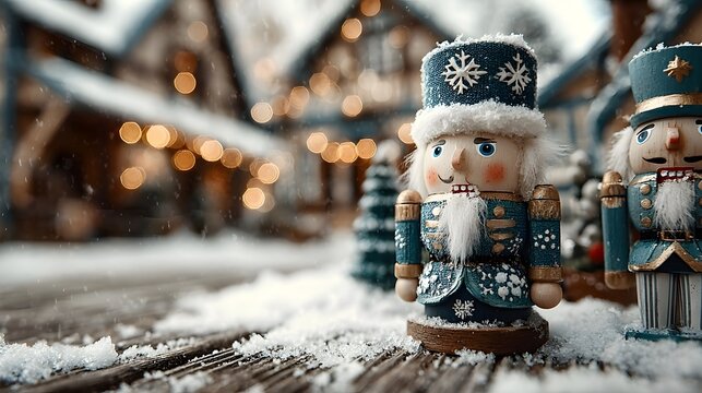 Charming nutcracker figurines covered in snow set against a cozy winter scene with warm holiday lighting in the background