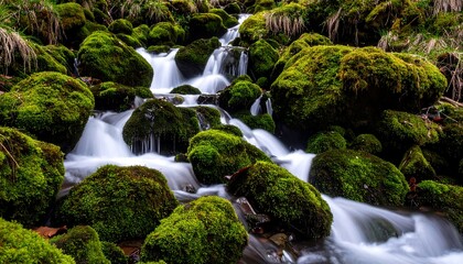 Cascading waterfall over mossy rocks