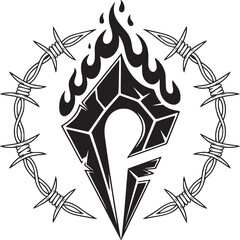 A stylized emblem with a burning gem surrounded by a barbed wire circle in black and white