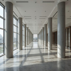 Fototapeta premium The interior architecture features a long hallway with columns and natural light in a modern building.