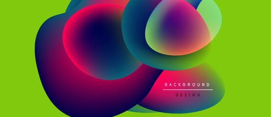 Abstract colorful shapes overlap vibrant green backdrop. Modern design elements create dynamic visual impact. Smooth gradients enhance aesthetic appeal.