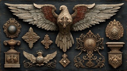 Detailed and intricate carved eagle emblem with outstretched wings and various decorative heraldic elements on a dark textured background conveying a sense of historic grandeur and authority