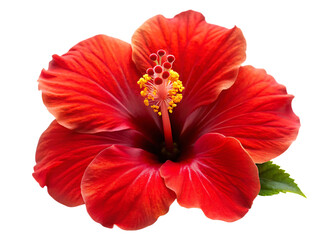 A vibrant red hibiscus flower with a prominent yellow stamen on a stark image view  isolated on white background PNG.AI Generated.