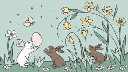Fototapeta premium Adorable Easter Bunnies and Flowers Celebrating Springtime in a Garden.