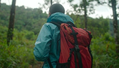 Hiking backpacking adventure: explore nature trails with backpack and waterproof jacket gear