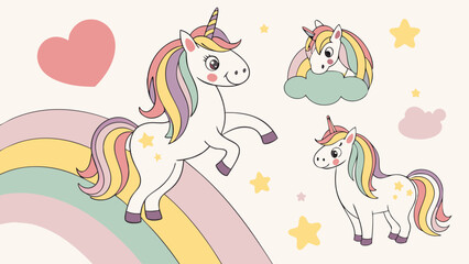Adorable Unicorns on Rainbow with Stars and Clouds.