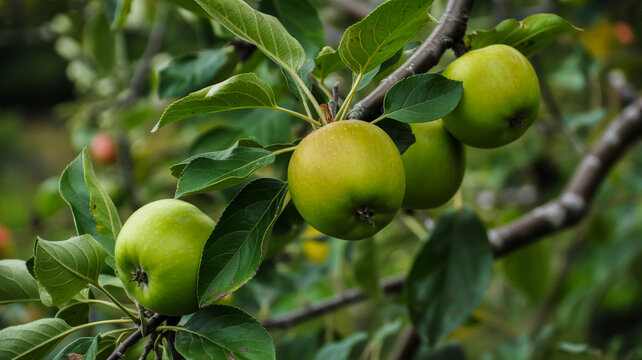 Green Apples Growing on a Tree Branch with Detailed Leaves and Soft Focus fruit