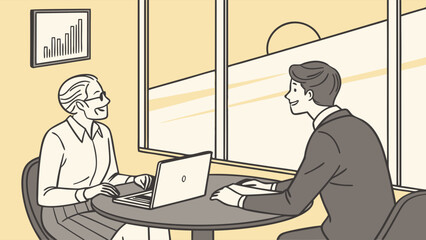 Business Meeting Two Professionals Discussing Data at a Table with Laptop.