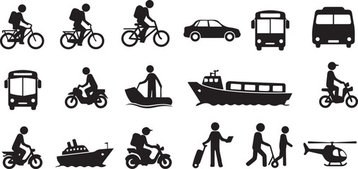 Silhouette Icons of Transportation Modes and People Traveling vehicle journey