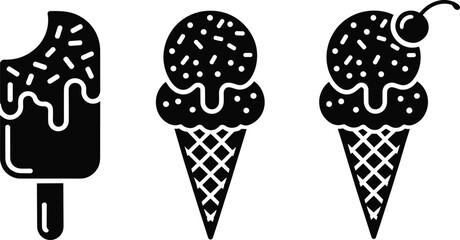 Ice Cream Icons, Black and White, Vector Dessert Graphics, Cone with Scoops, Cherry Topping, Bitten Bar, Sprinkles, Summer Treats