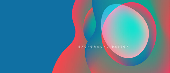 Abstract design features vibrant overlapping circles. Blue background contrasts with red, turquoise gradients. Modern, dynamic visual composition.