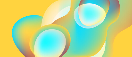 Abstract fluid shapes overlap, creating vibrant color gradients. Yellow background complements turquoise, orange hues. Smooth transitions define forms.