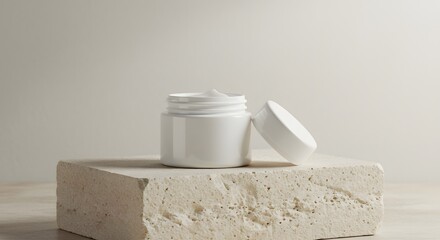 Elegant white cream jar on textured stone pedestal symbolizing natural skincare and wellness product presentation against a minimalist backdrop