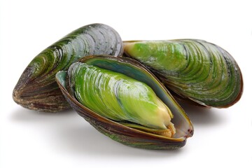 Three fresh green mussels, open shells, vibrant green flesh