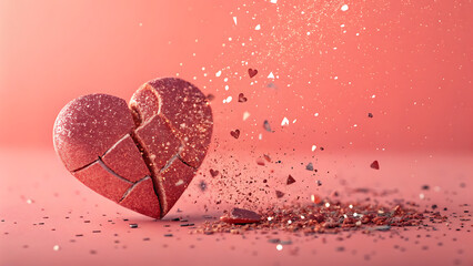 A shattered heart, fragmented and surrounded by glitter, symbolizes the pain and sadness of a broken relationship, set against a textured pink background