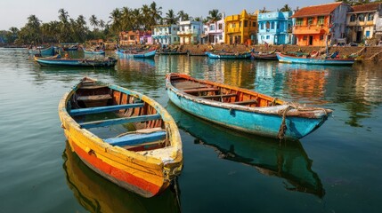Obraz premium Colorful traditional Indian boats floating on the calm waters of a coastal fishing village