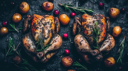 Fototapeta premium Roasted chicken feast gourmet kitchen food photography rustic setting aerial view culinary artistry