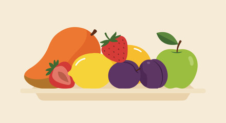 Flat illustration A mango, apple, lemon, strawberries, plums resting on a dish