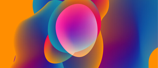 Abstract fluid shapes blend vibrant colors. Orange, pink, blue hues create dynamic composition. Smooth gradients suggest movement, energy.