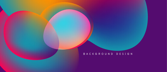 Vibrant overlapping circles create fluid gradient effect. Purple, orange, blue hues dominate design. Modern background texture.