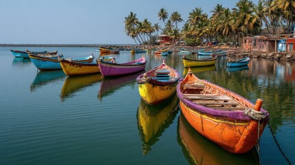 Obraz premium Colorful traditional Indian boats floating on the calm waters of a coastal fishing village