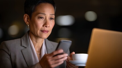 Late night work session professional woman engaged with smartphone and laptop urban office focused environment close-up view