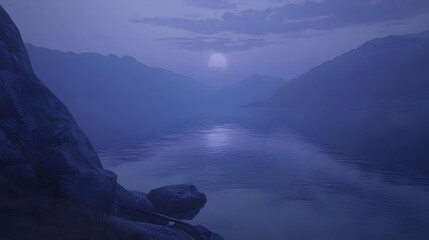 Misty Mountain River Valley At Night